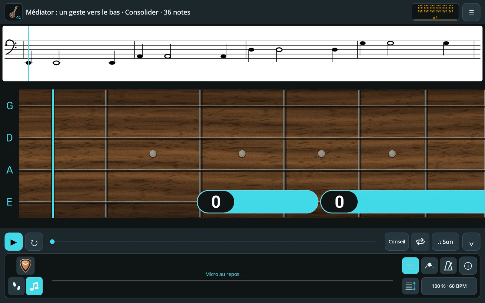 Manche en bois et notes turquoise dans l’exercice de basse Pick’n’Fret.